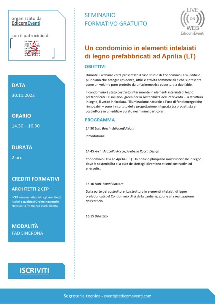 CREDITI FORMATIVI  – FAD SINCRONO – UN CONDOMINIO IN ELEMENTI INTELAIATI DI LEGNO PREFABBRICATI AD APRILIA